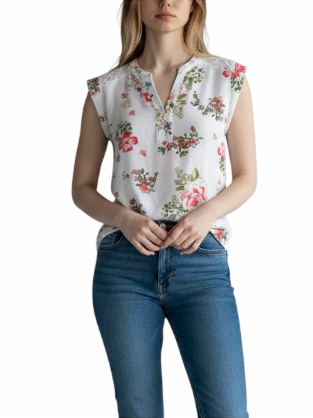 Van Heusen Women's Floral Blouse Size S White Pink Green Lace Yoke Sleeveless